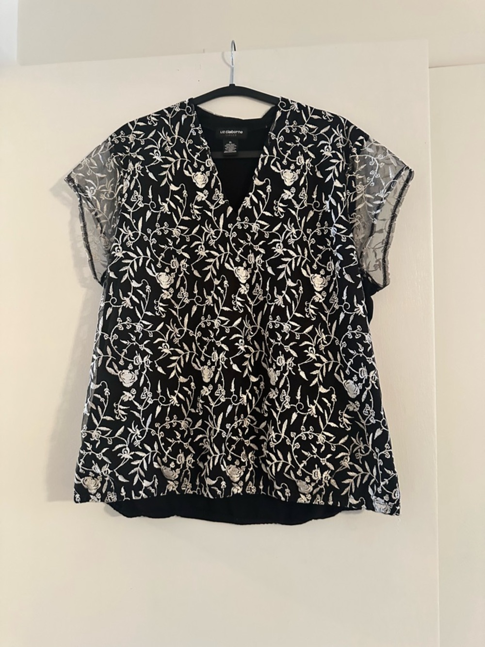 Liz Claiborne Black V-Neck Top with White Floral Embroidery